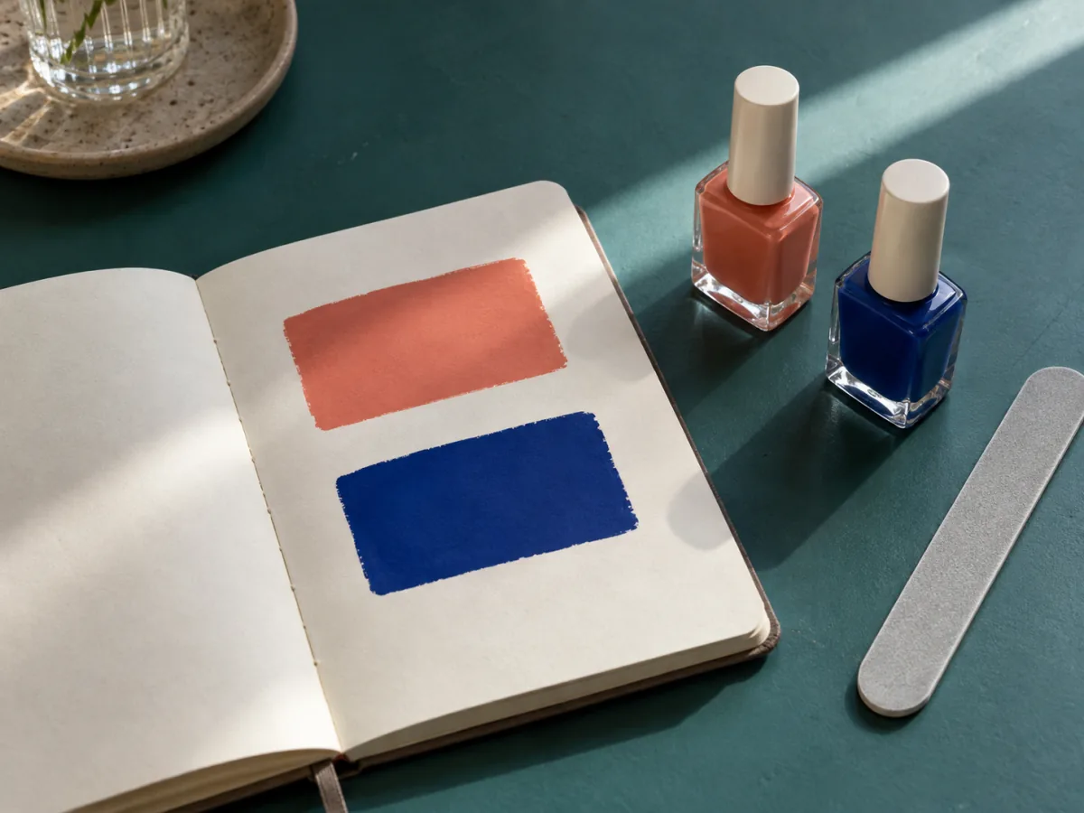 Coral and cobalt swatches in a notebook beside unbranded polish bottles