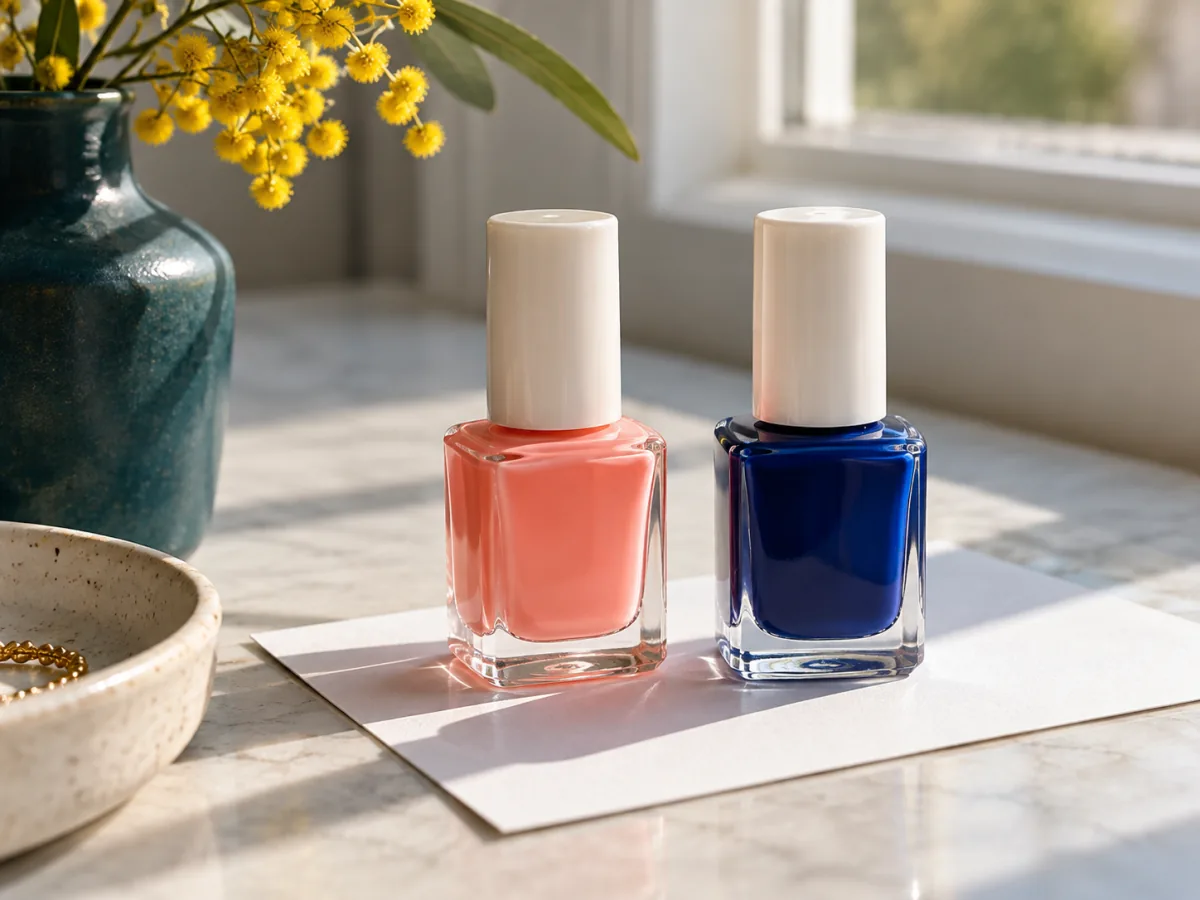 Coral and cobalt polish bottles compared in daylight