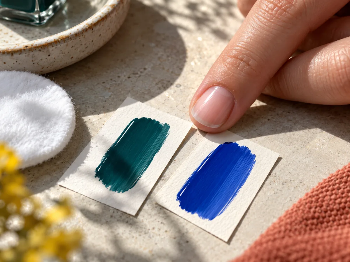Short natural nail beside two color swatches and a cotton pad