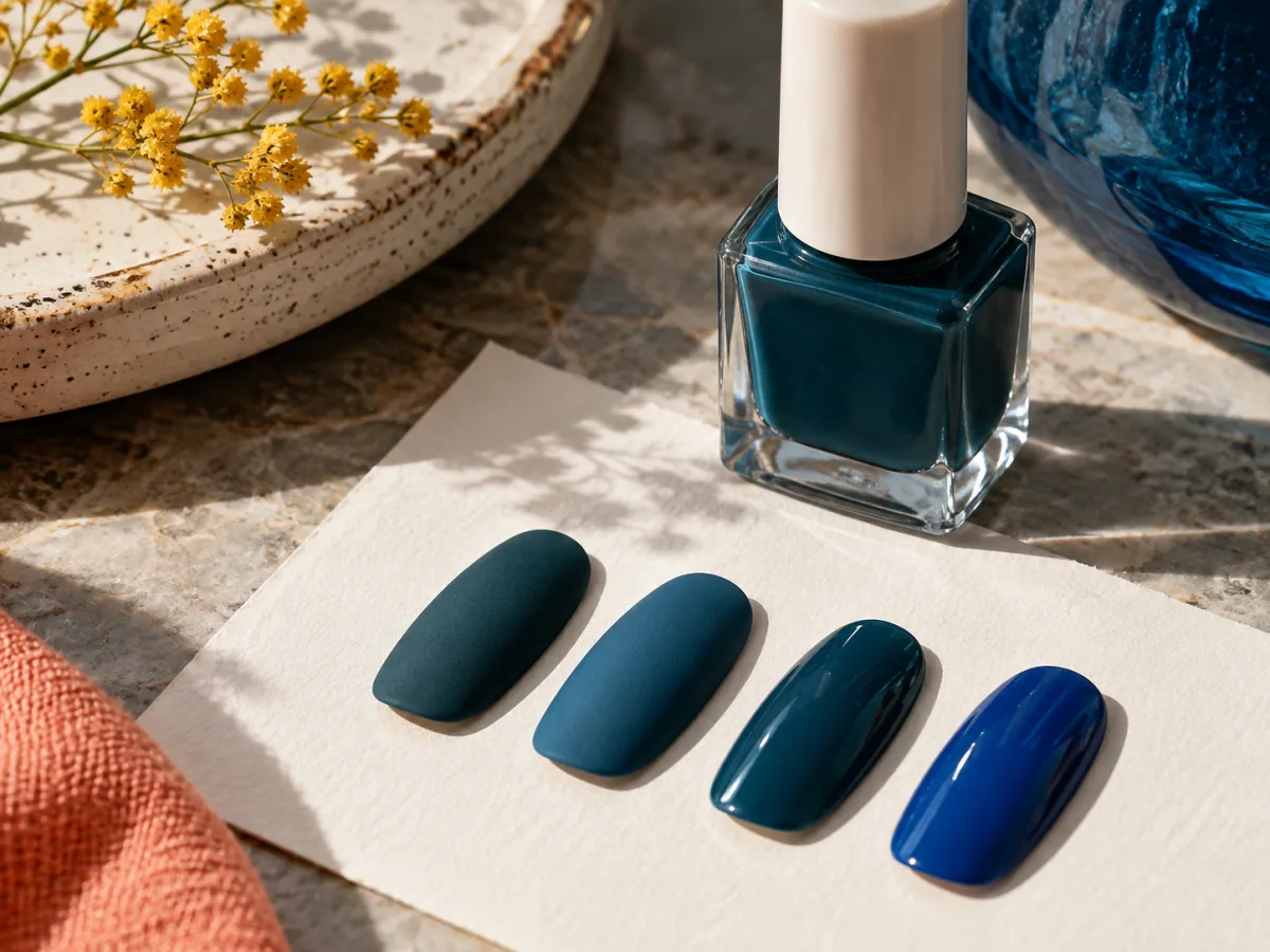 Light and reflective color samples beside an unbranded polish bottle