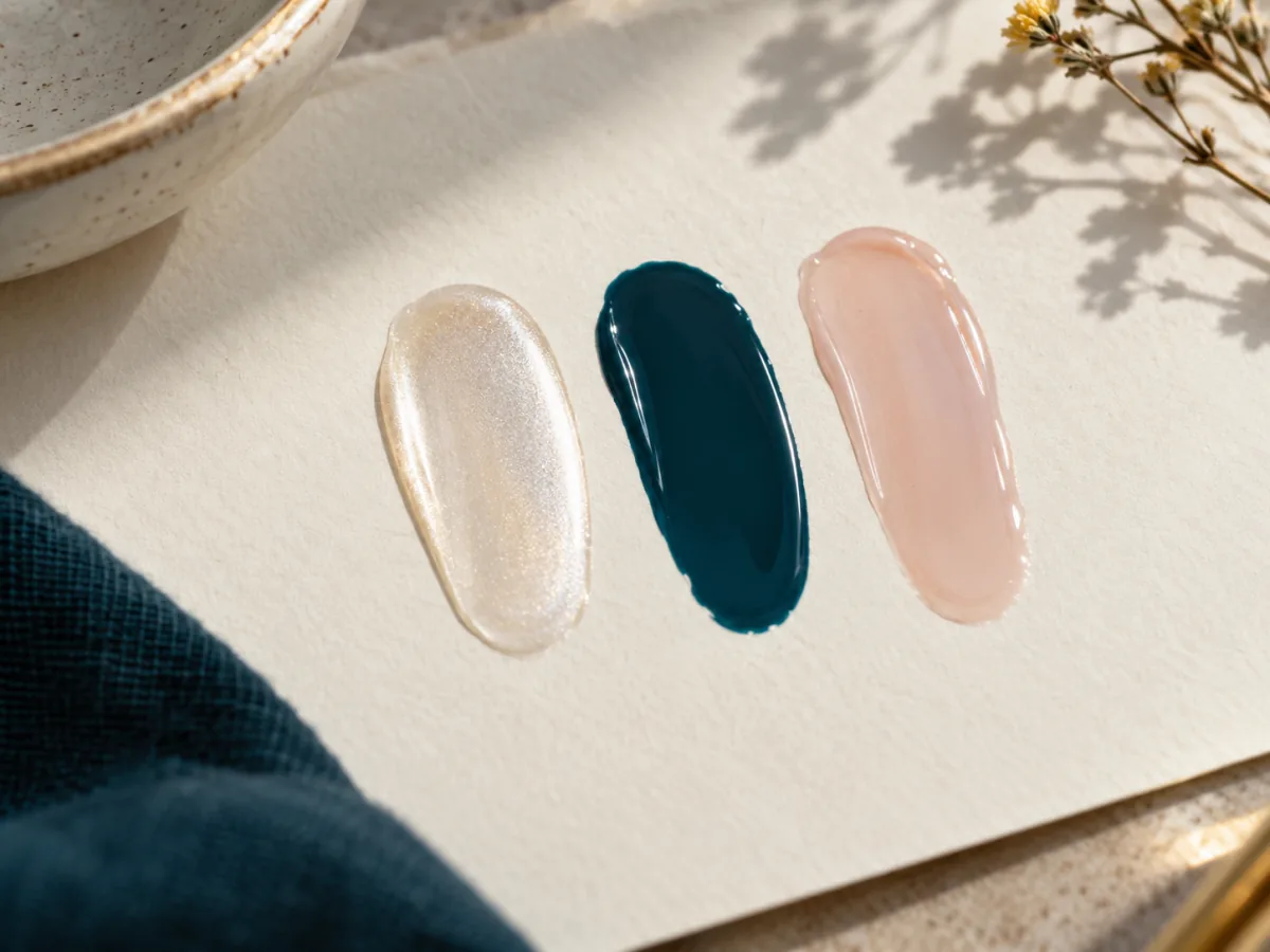 Pearl, cream and sheer swatches on plain paper