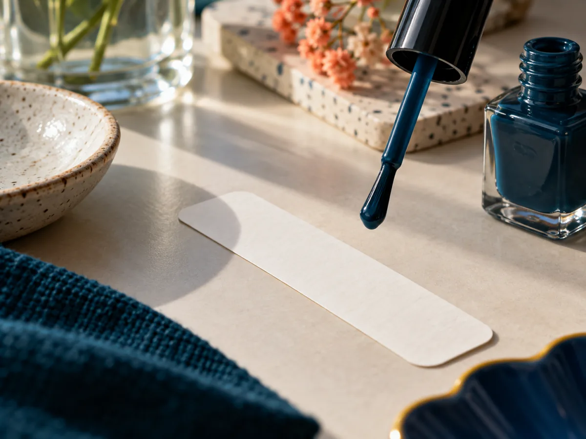 Polish brush poised above a blank practice strip