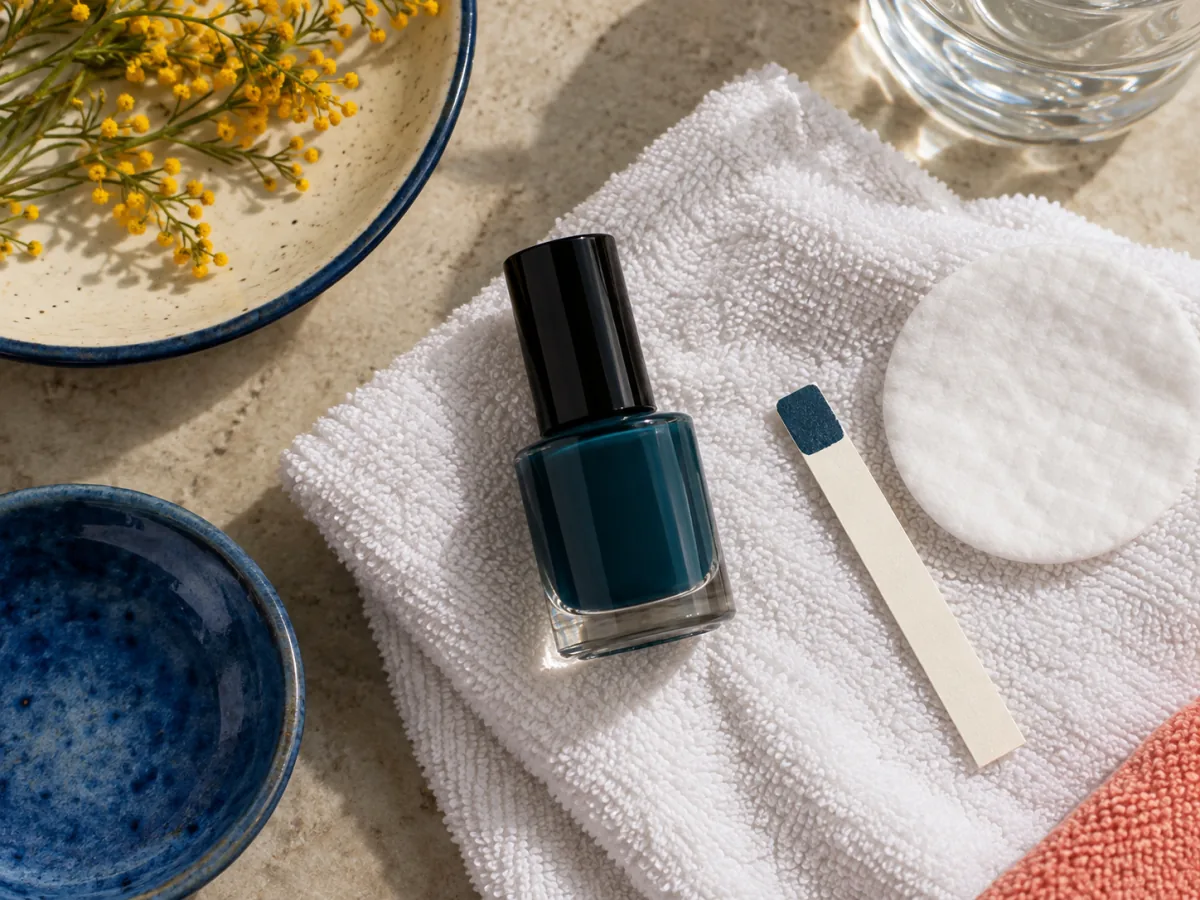 Clean towel and capped polish bottle on a clear work surface