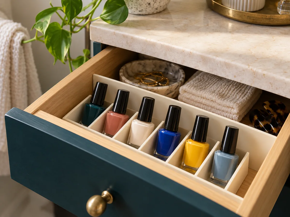 Upright polish bottles grouped in a small drawer