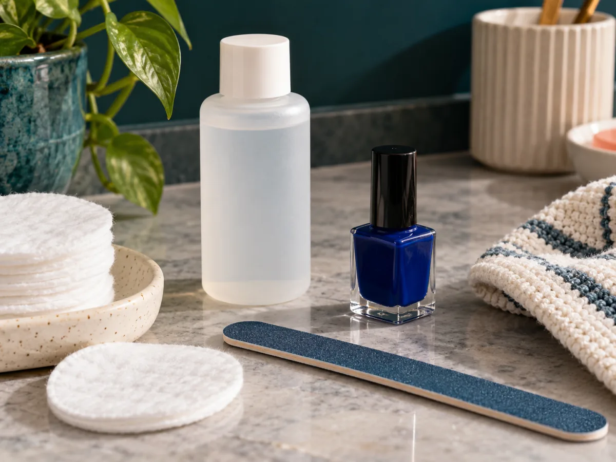 Cotton pads, remover bottle and closed polish on a protected surface