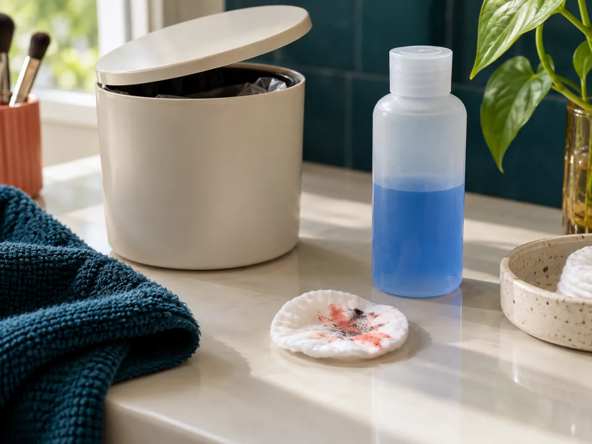 Used cotton pad near a lidded bin and remover bottle