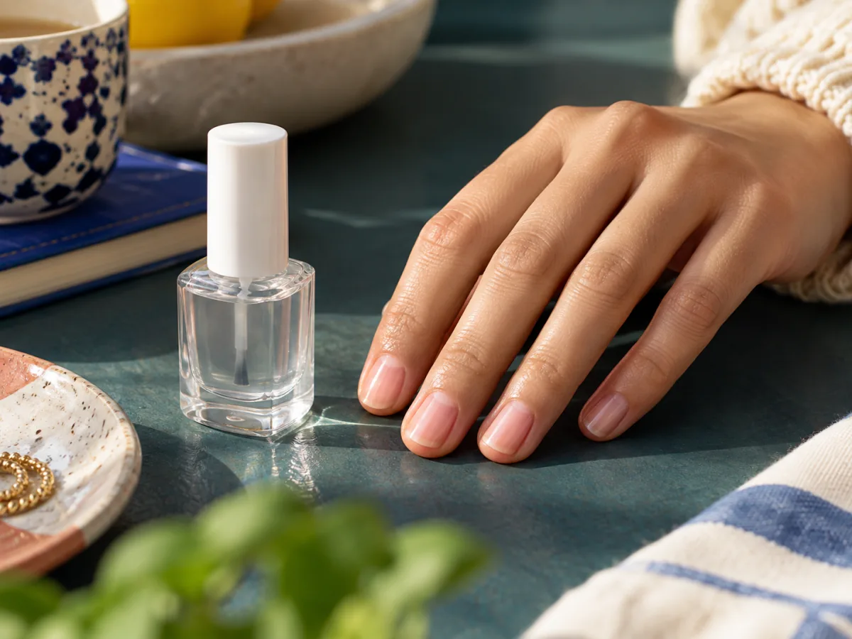Clear polish bottle beside short natural nails
