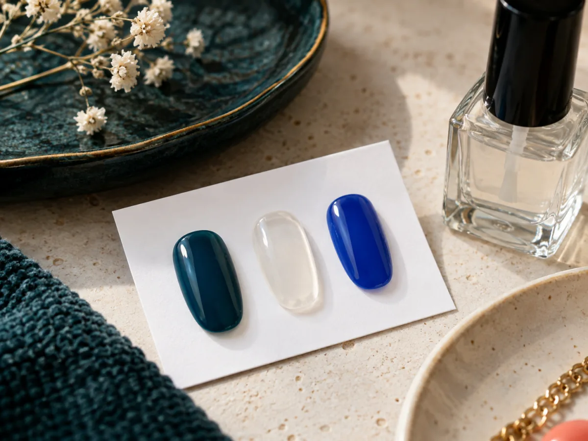 Clear finish sample between two colored swatches