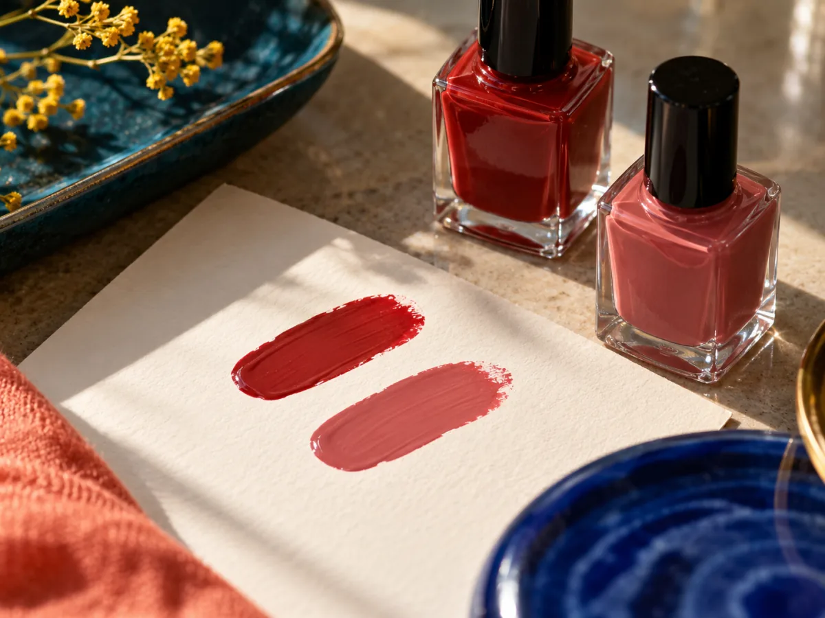 Warm red and muted rose swatches beside two bottles