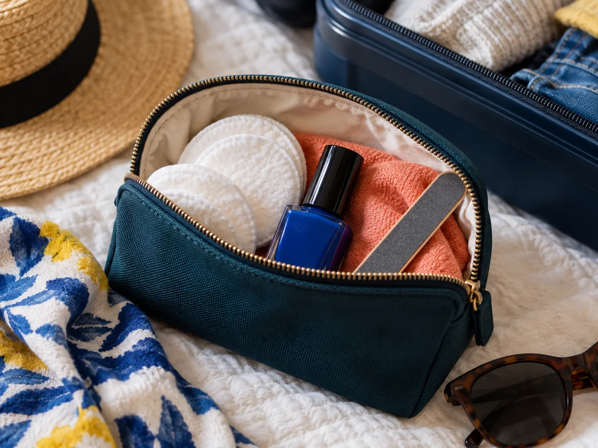 Small zip pouch with a polish bottle and basic tools