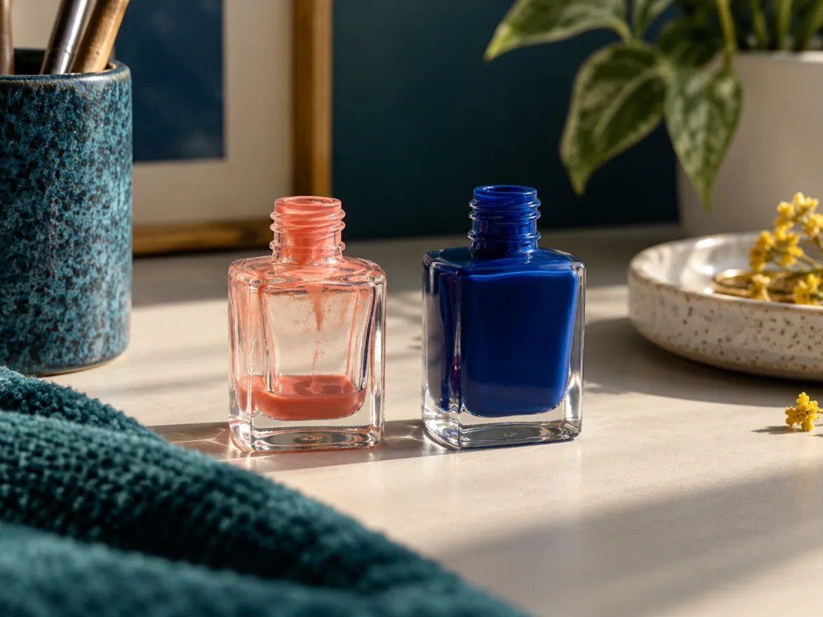Two unbranded polish bottles with different fill levels
