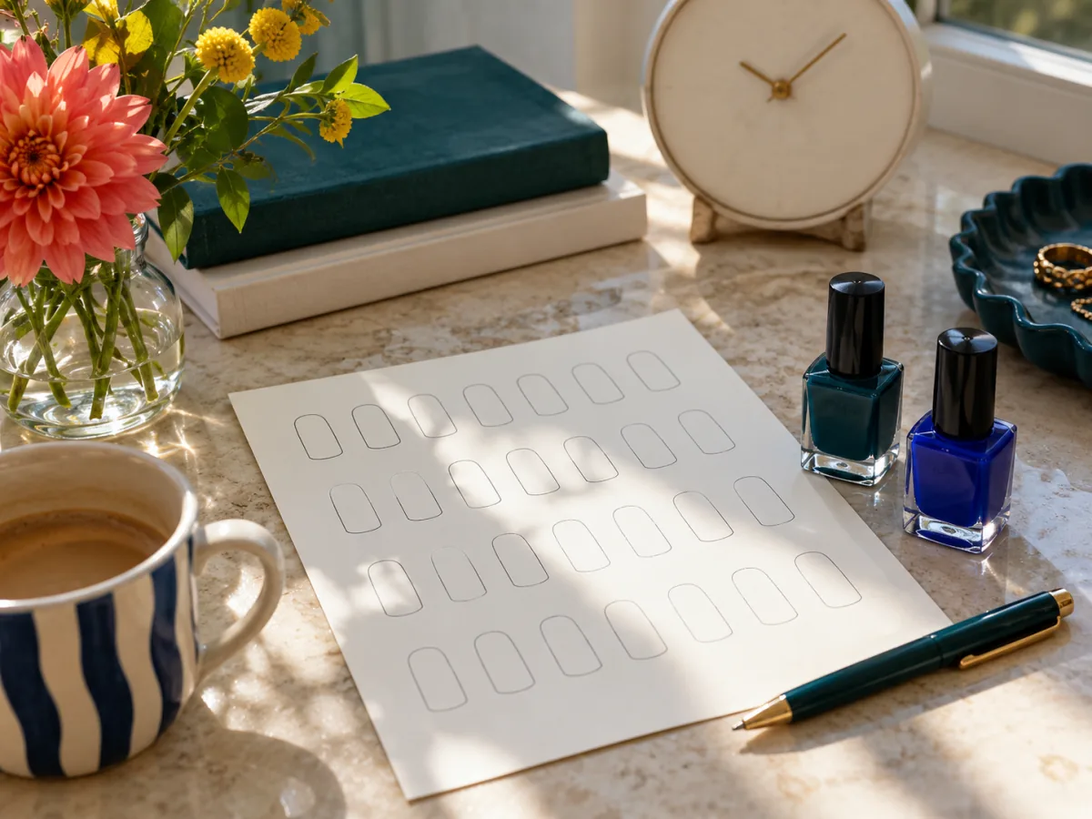 Blank color-decision grid beside two polish bottles