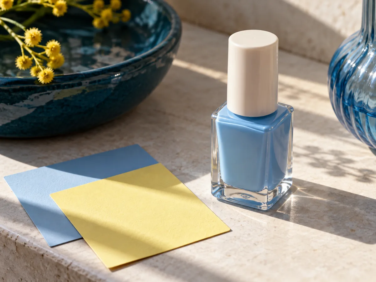 Pale blue and yellow color chips near a polish bottle