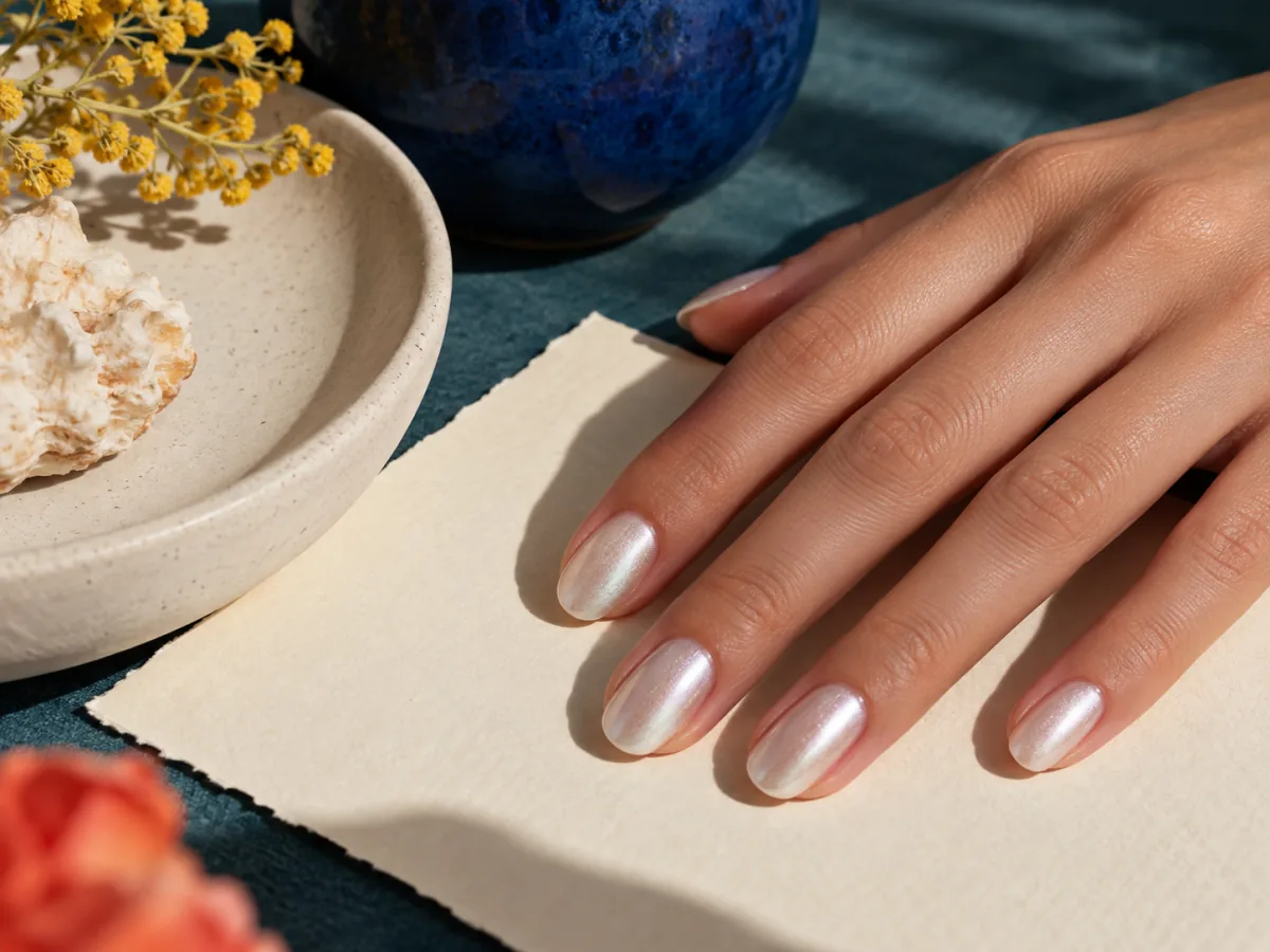 Pearl finish sample beside a ceramic dish