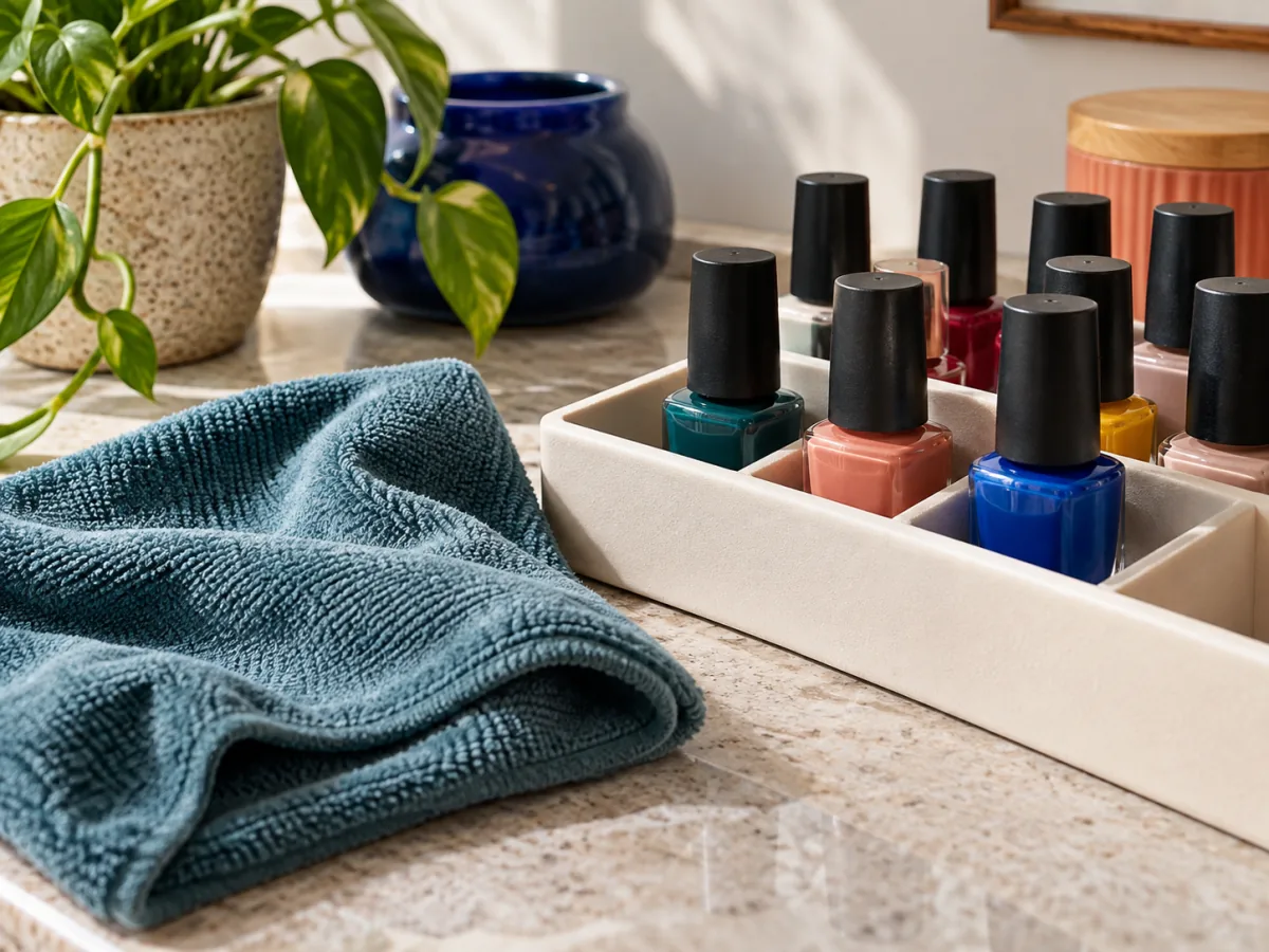 Capped polish bottle beside a cloth and organizer tray