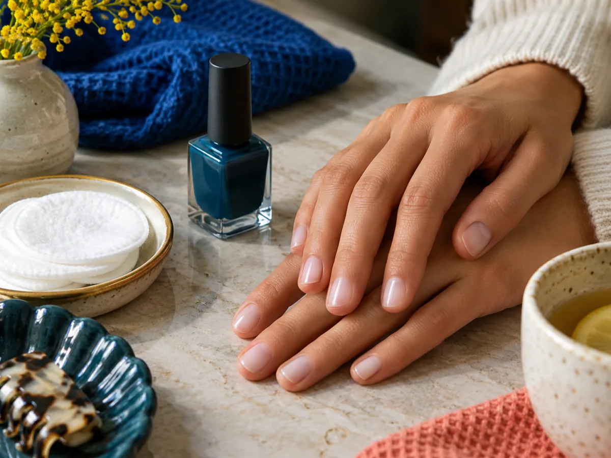 Short natural nails near a cotton pad and polish bottle