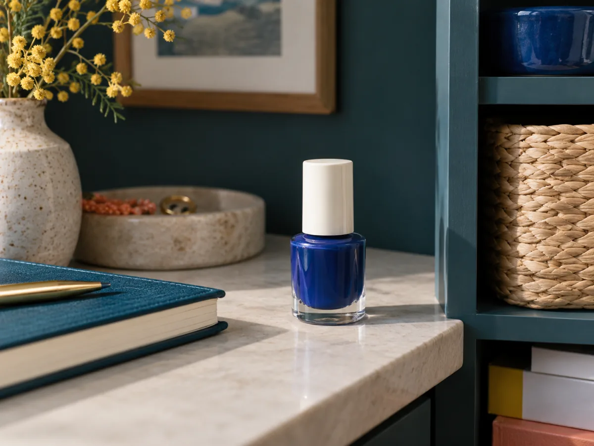 Closed polish bottle beside a notebook on a shelf