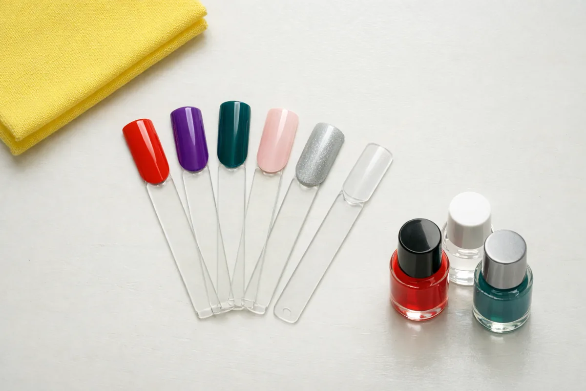 Unbranded nail polish colors and paper samples on a desk
